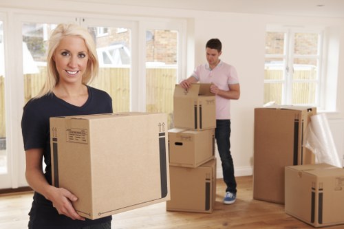 Packed boxes and furniture prepared for temporary storage